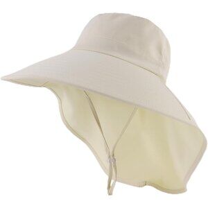Women's Beige 100% Polyester Wide Brim Uv Protection With Chin Strip Beach Hat